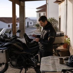 Motorista preparando el equipaje para recorrer Portugal N2 durante varios días