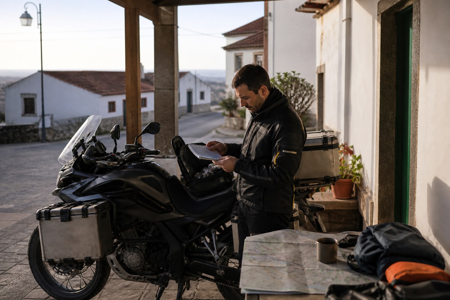 Motorista preparando el equipaje para recorrer Portugal N2 durante varios días