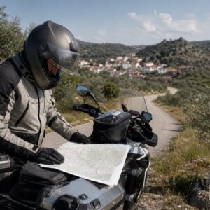 Motorista consultando el mapa y las etapas de Portugal N2 junto a su moto