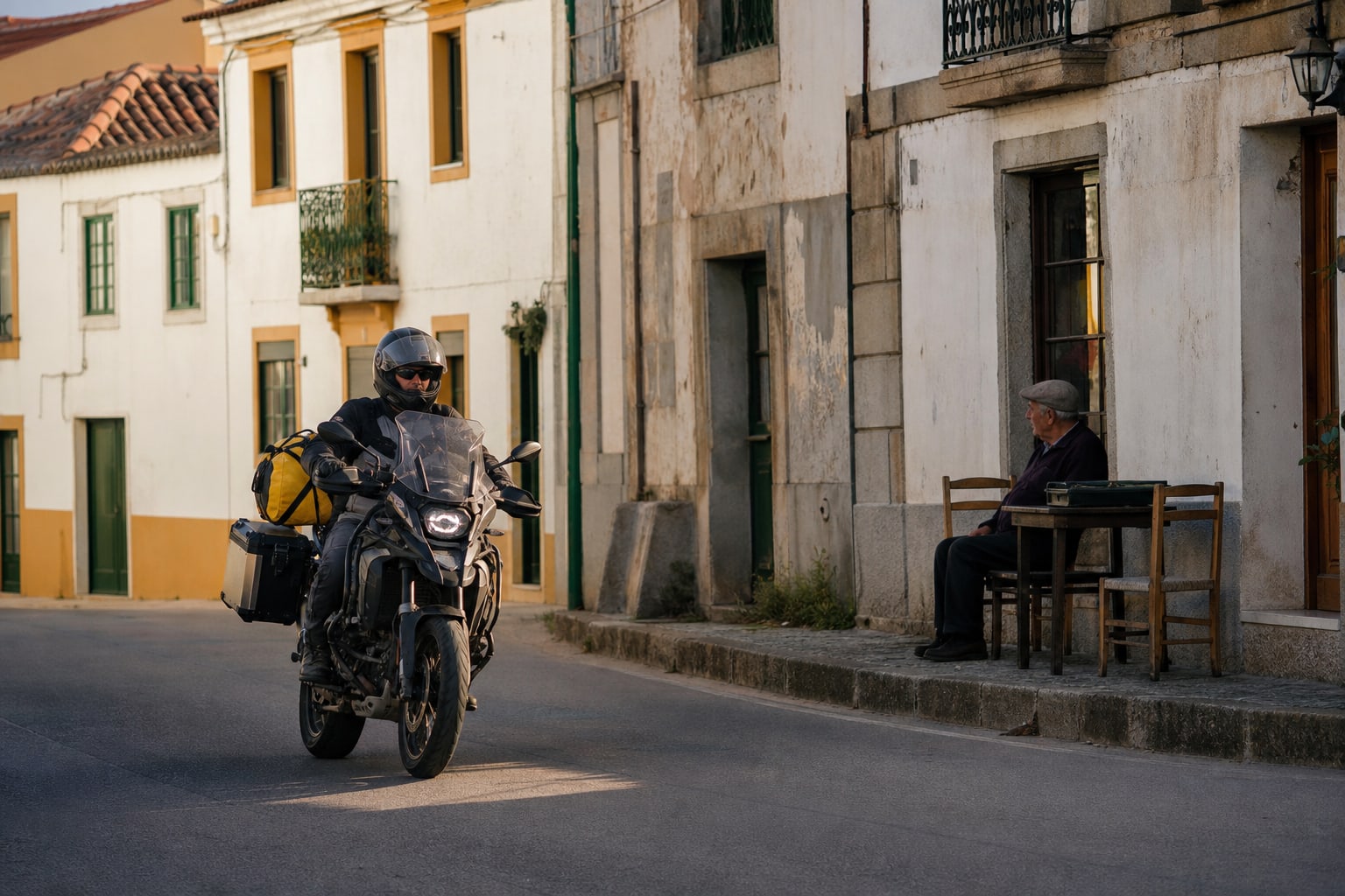 Motorista atravesando sin prisas un pueblo del interior de Portugal