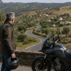Motorista contemplando una carretera tranquila del interior de Portugal