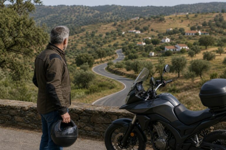Motorista contemplando una carretera tranquila del interior de Portugal
