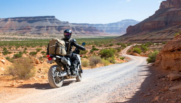 Moto cargada para viajar por una carretera de Marruecos