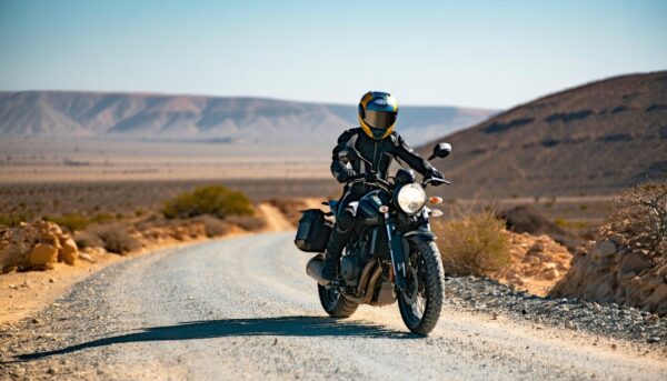 Motorista circulando por una carretera de montaña en Marruecos