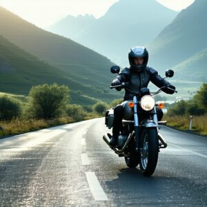 Moto recorriendo la Ruta del Silencio entre montañas de Teruel