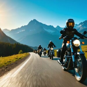 Moto recorriendo una carretera de alta montaña en los Alpes