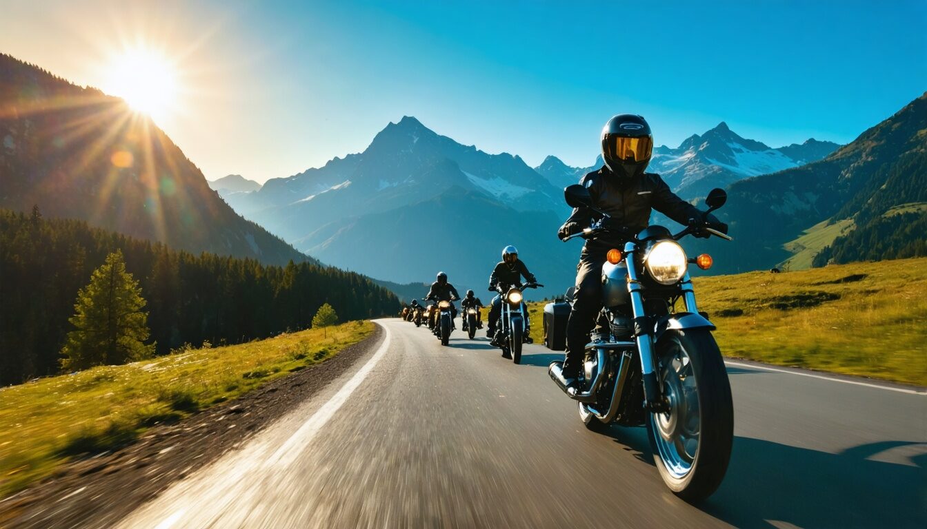 Moto recorriendo una carretera de alta montaña en los Alpes