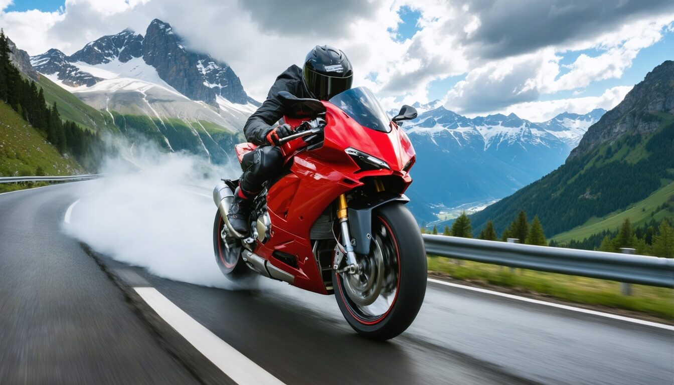 Moto subiendo el Stelvio en una ruta por los Alpes en moto
