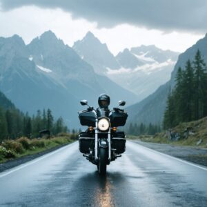 Moto cargada en una carretera de montaña durante un viaje por los Alpes en moto