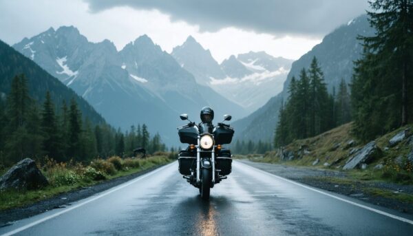 Moto cargada en una carretera de montaña durante un viaje por los Alpes en moto