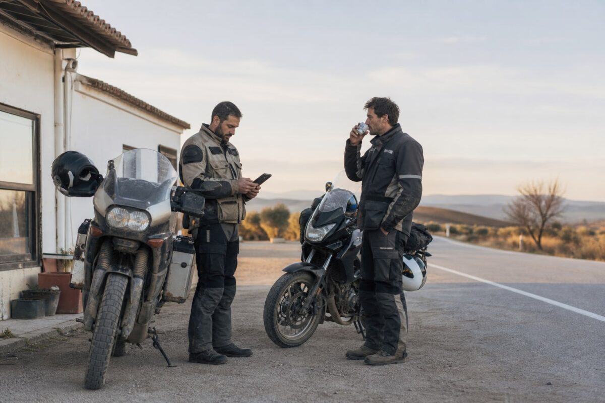 Dos motoristas hacen una pausa durante un viaje por carreteras secundarias