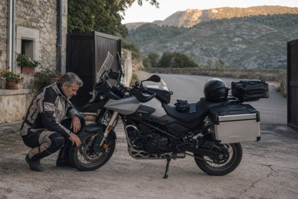 Motorista comprobando su moto antes de comenzar un Viaje autoguiado
