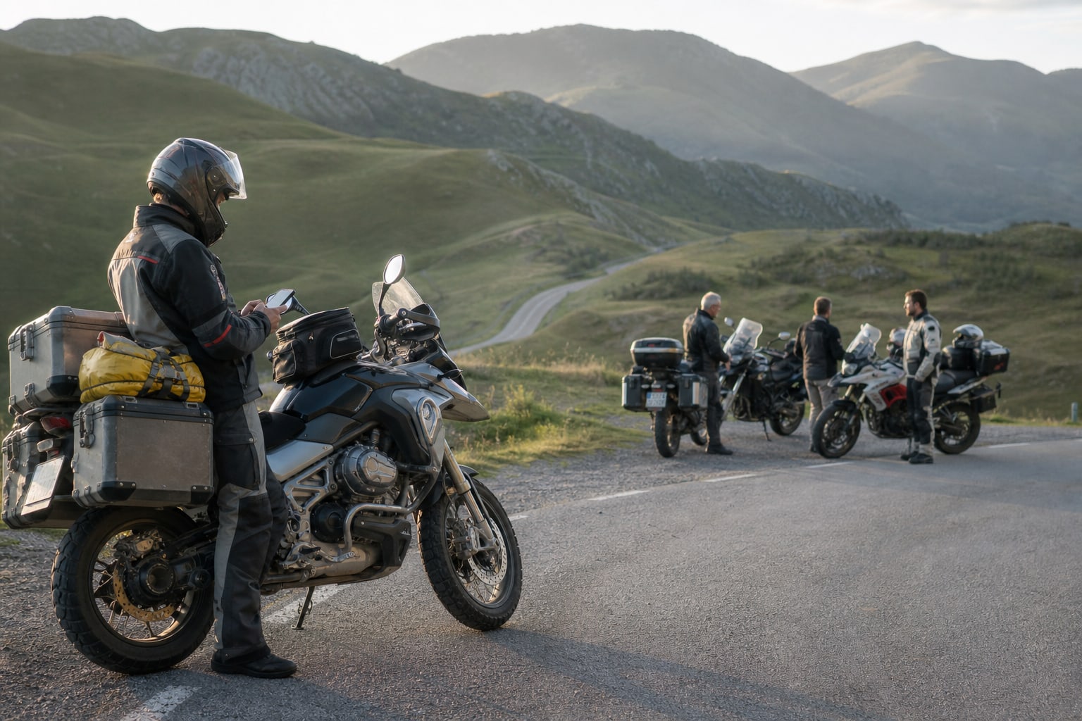 Motorista eligiendo entre un viaje guiado y un Viaje autoguiado en moto